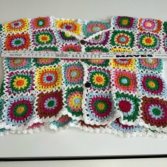 Goodnight Macaroon Sweater Cardigan Hand Knit Crochet Cottagecore Boho Granny OS - Picture 10 of 10